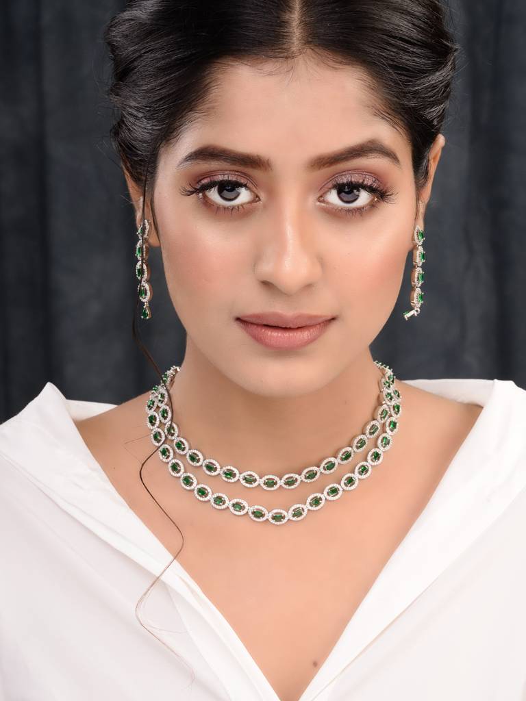 White Rhodium Plated Green Ad Studded Necklace With Earrings Jewellery Set : SJNK1669