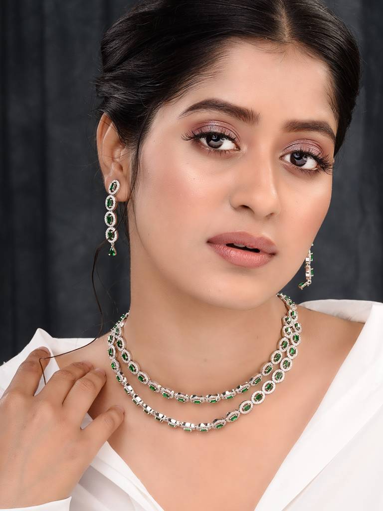 White Rhodium Plated Green Ad Studded Necklace With Earrings Jewellery Set : SJNK1669