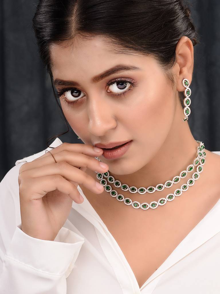 White Rhodium Plated Green Ad Studded Necklace With Earrings Jewellery Set : SJNK1669