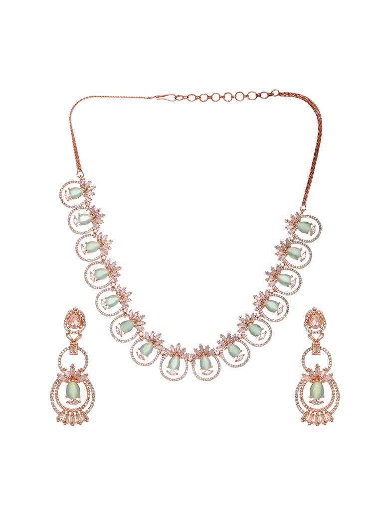 Rosegold Plated Mint Ad Studded Necklace With Earrings Jewellery Set : SJNK1670