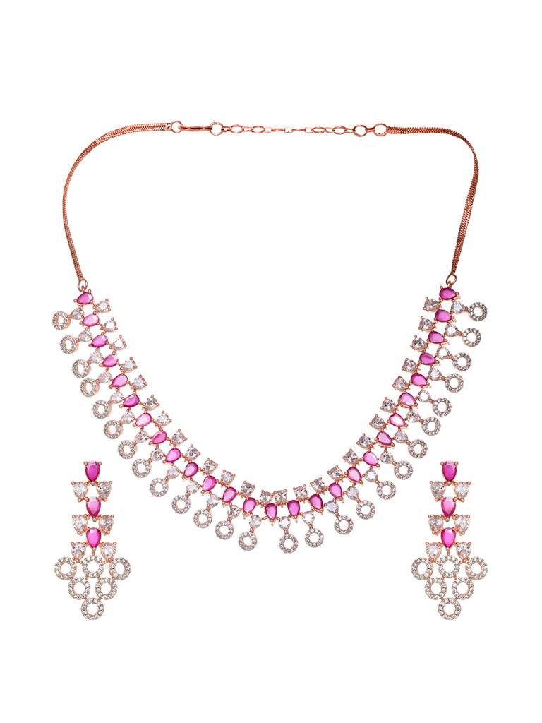 Rosegold Plated Red Ad Studded Necklace With Earrings Jewellery Set : SJNK1671