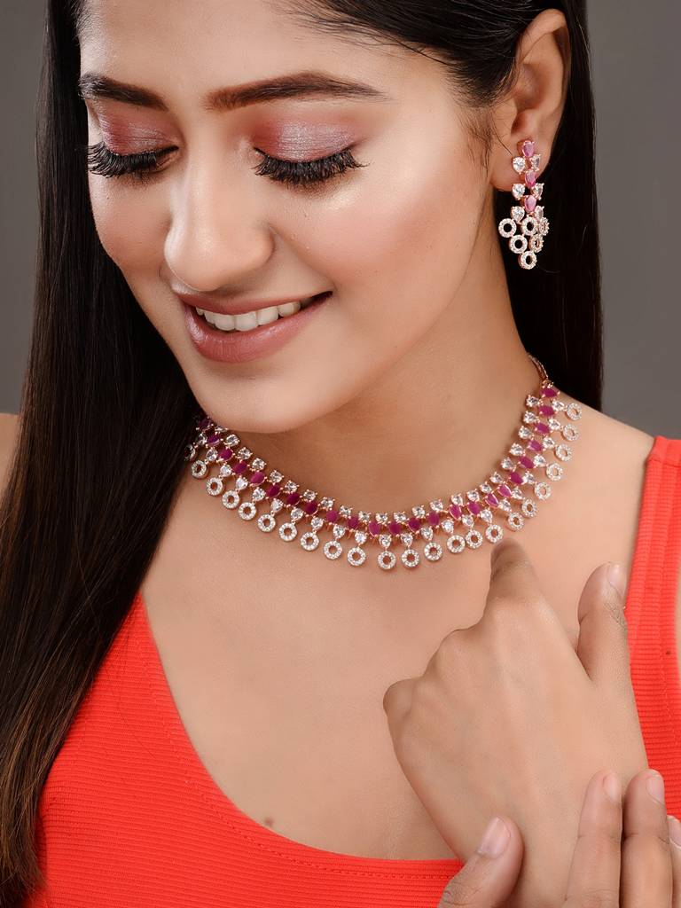 Rosegold Plated Red Ad Studded Necklace With Earrings Jewellery Set : SJNK1671