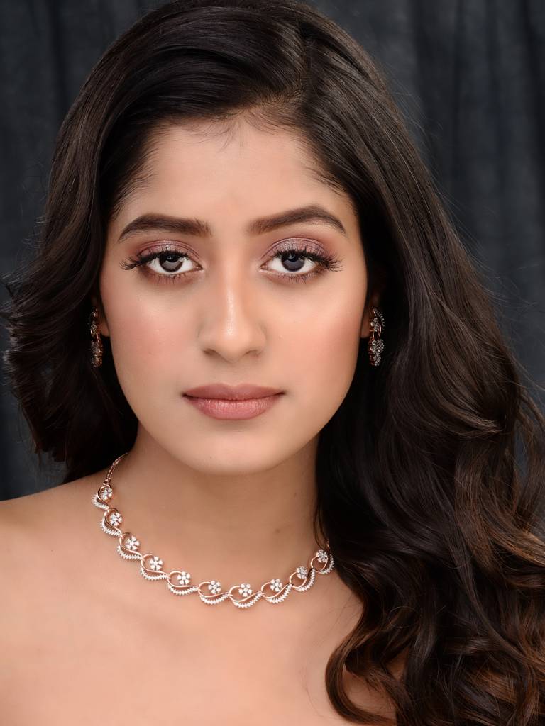 Rosegold Plated Ad Studded Necklace With Earrings Jewellery Set : SJNK1672