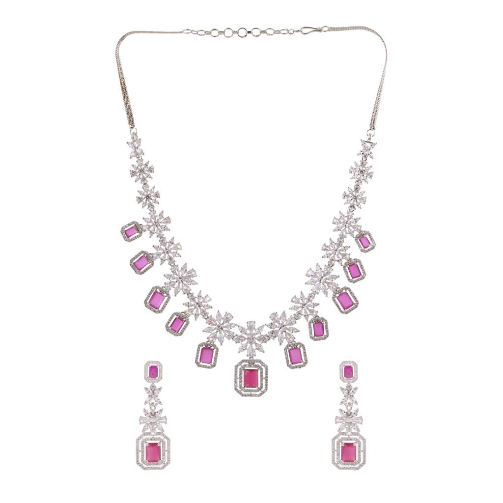 White Rhodium Plated Red Ad Studded Necklace With Earrings Jewellery Set : SJNK1674