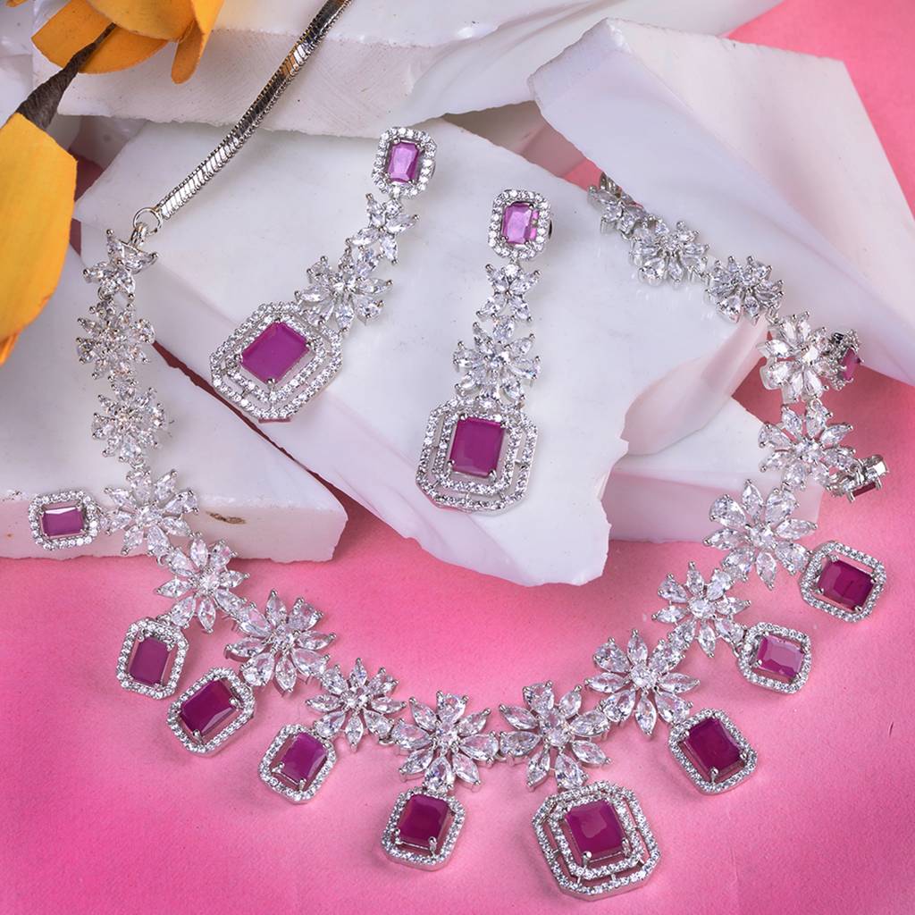 White Rhodium Plated Red Ad Studded Necklace With Earrings Jewellery Set : SJNK1674