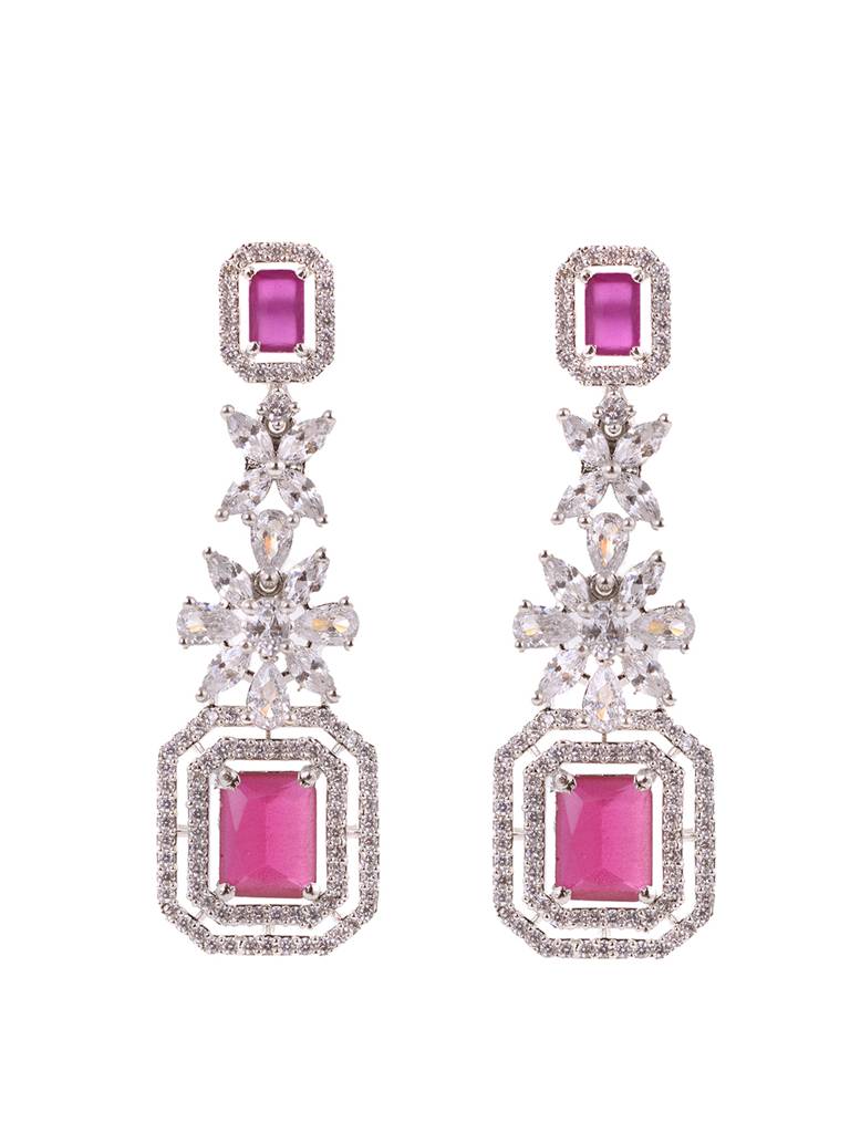 White Rhodium Plated Red Ad Studded Necklace With Earrings Jewellery Set : SJNK1674