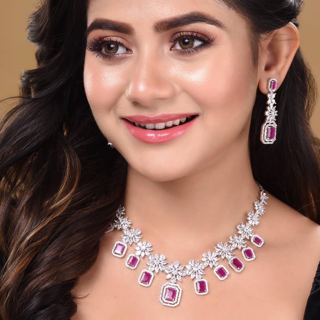 White Rhodium Plated Red Ad Studded Necklace With Earrings Jewellery Set : SJNK1674