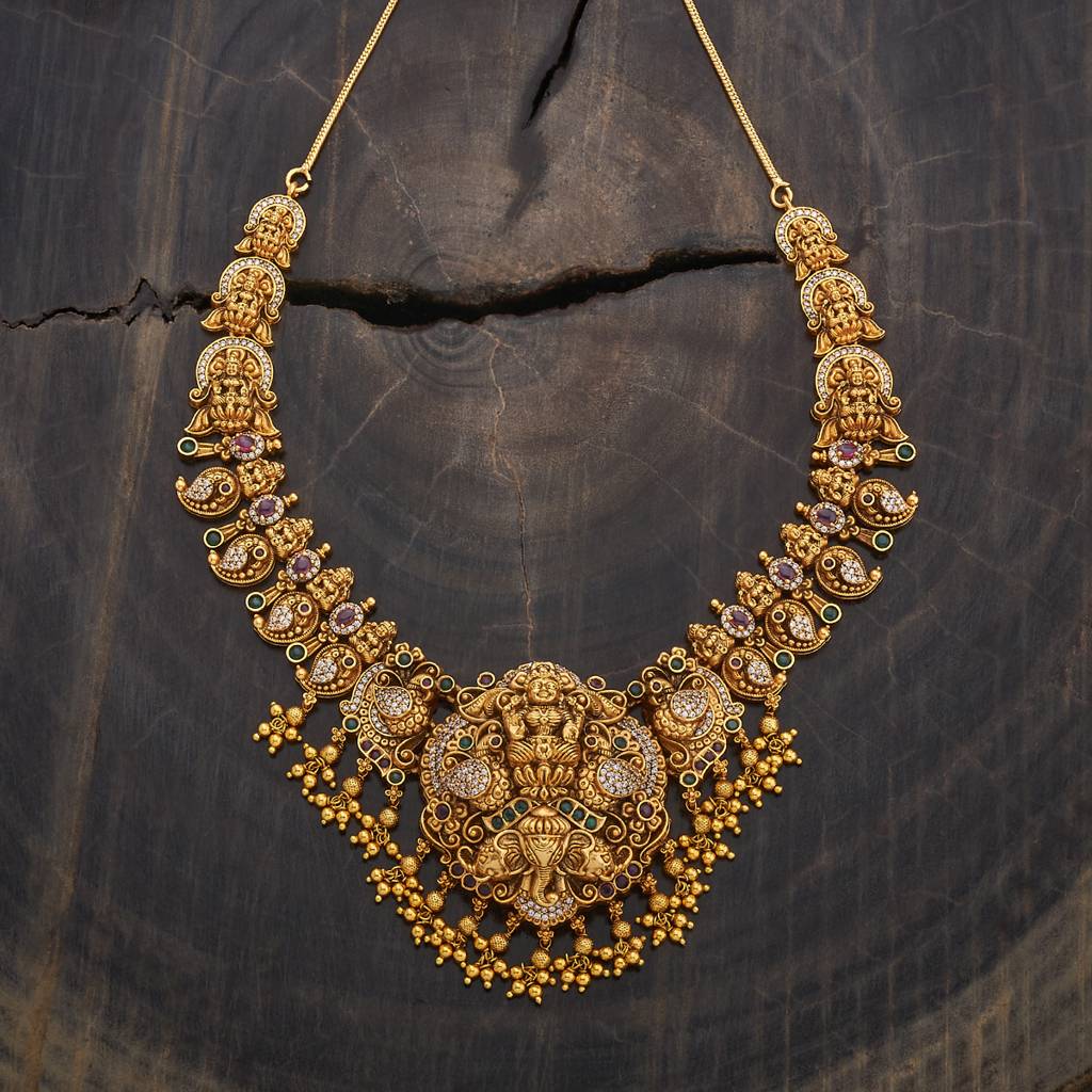 Kushal'S Fashion Jewellery Ruby-Green Gold-Plated Ethnic Antique Necklace - 406850 : 406850