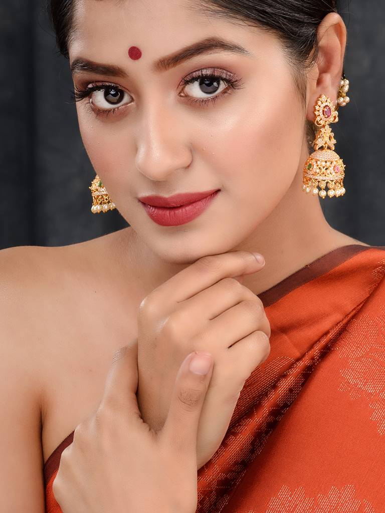 Gold Plated Multi Stone Studded Jhumka Earrings : SJER1680