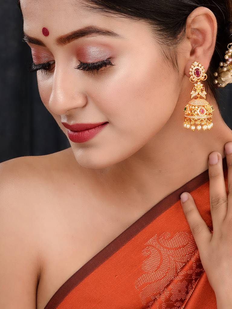 Gold Plated Multi Stone Studded Jhumka Earrings : SJER1680