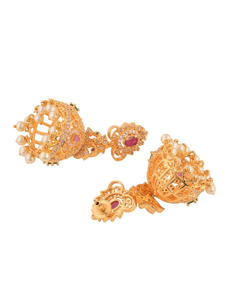 Gold Plated Multi Stone Studded Jhumka Earrings : SJER1680