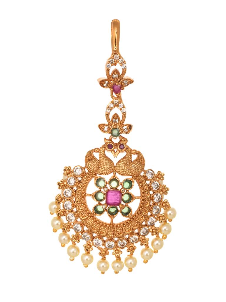 Gold Plated Red & Green Ad Studded Maang Tikka : SJMT1682