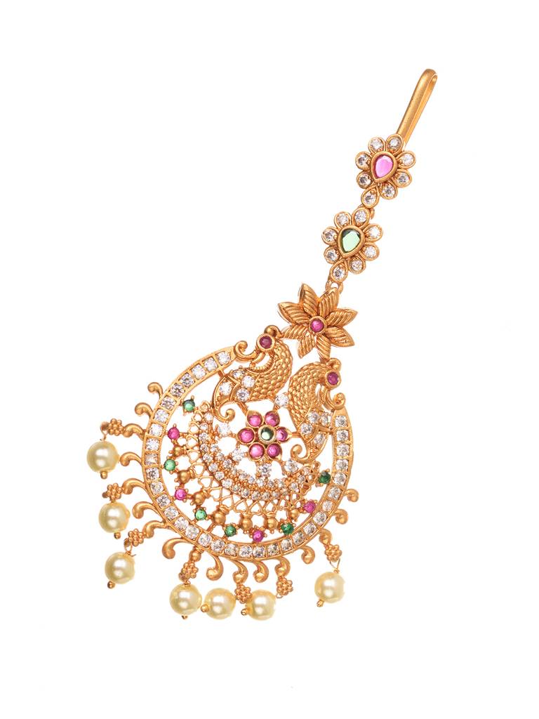 Gold Plated Red-Green Ad Studded Maang Tikka : SJMT1683
