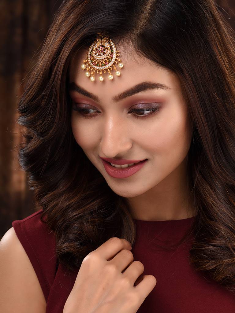 Gold Plated Red-Green Ad Studded Maang Tikka : SJMT1683