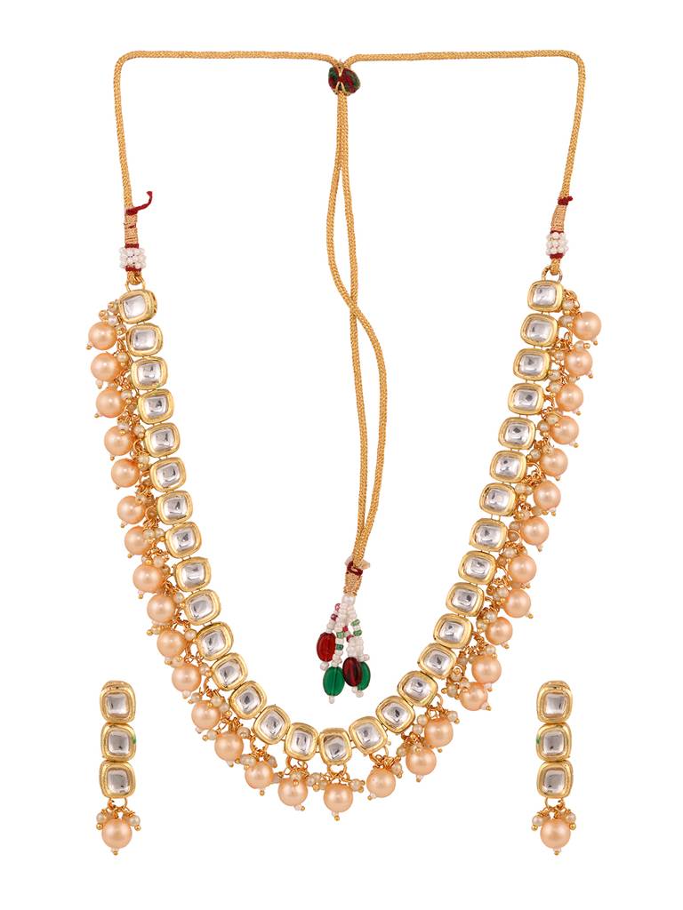 Gold Plated Single Line Kundan Pearl Beaded Necklace Jewellery Set : SJNK1686