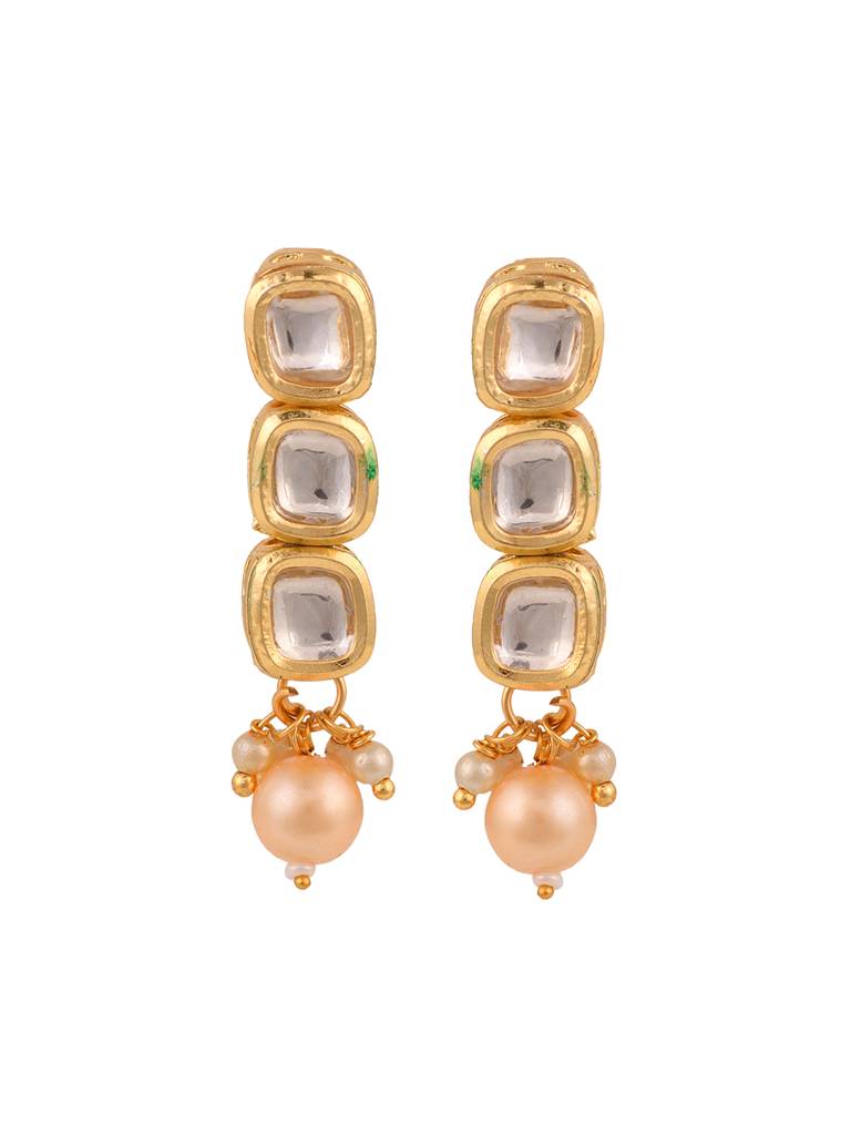 Gold Plated Single Line Kundan Pearl Beaded Necklace Jewellery Set : SJNK1686