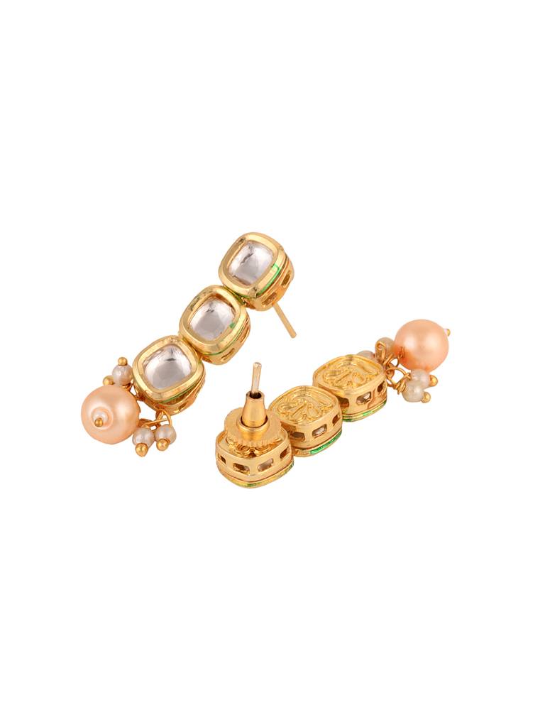 Gold Plated Single Line Kundan Pearl Beaded Necklace Jewellery Set : SJNK1686