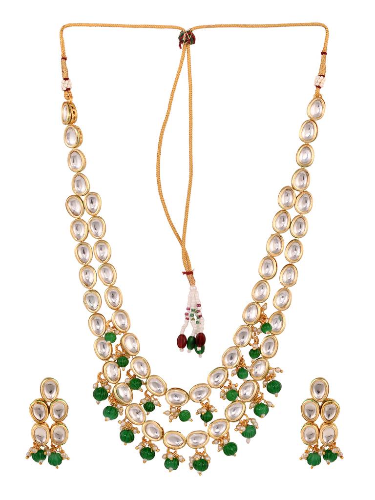 Gold Toned Double Line Kundan & Green Beaded Necklace Jewellery Set : SJNK1687
