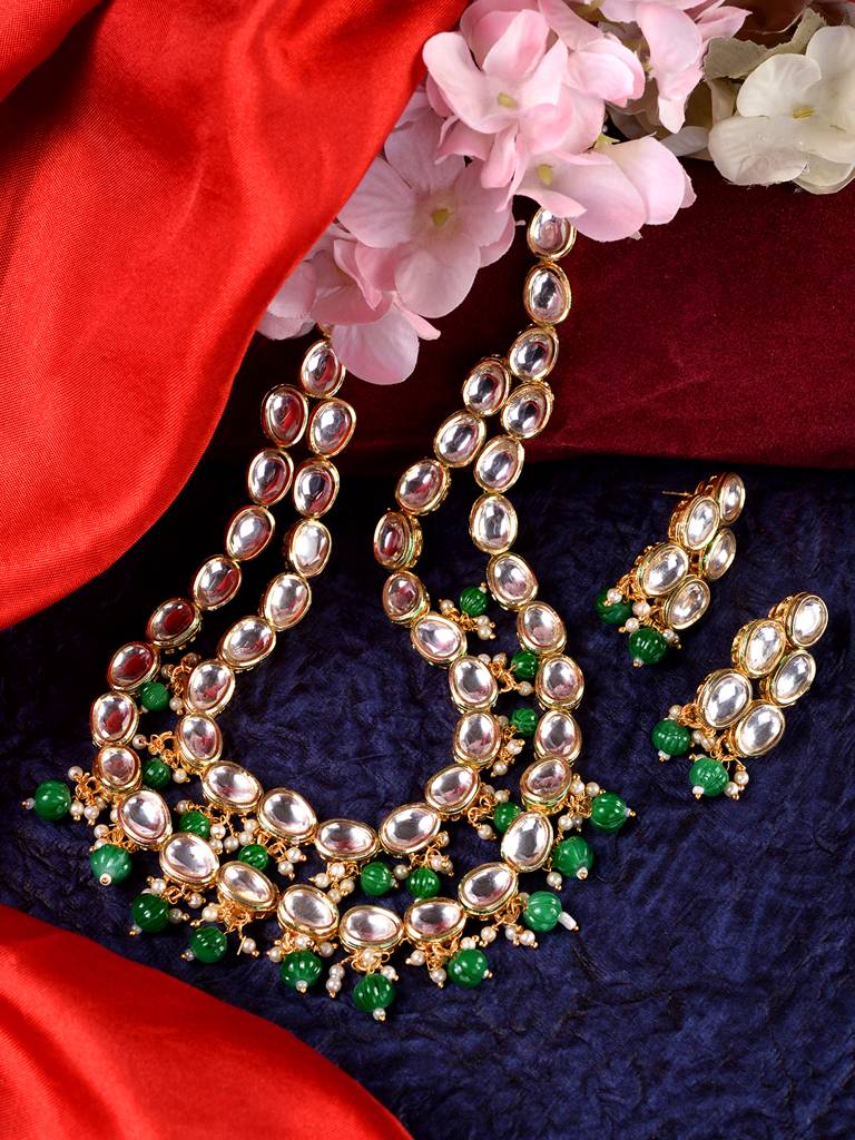 Gold Toned Double Line Kundan & Green Beaded Necklace Jewellery Set : SJNK1687