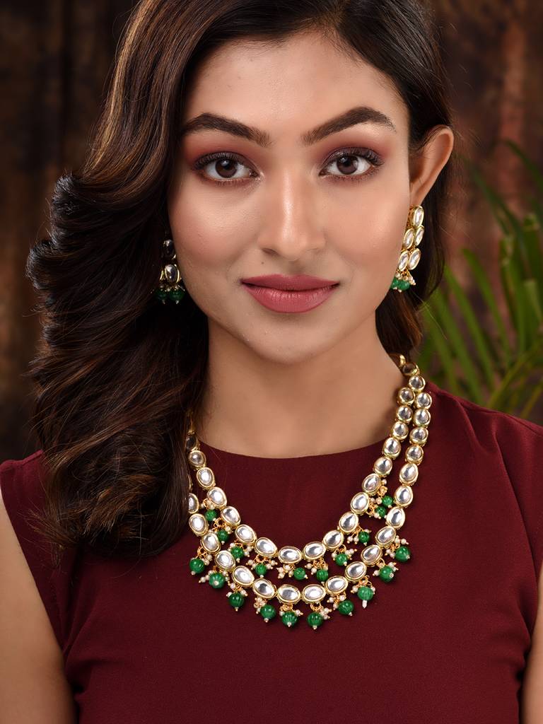 Gold Toned Double Line Kundan & Green Beaded Necklace Jewellery Set : SJNK1687