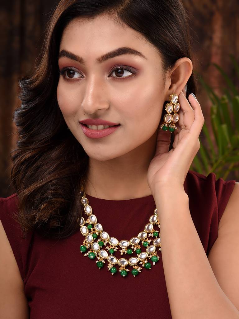 Gold Toned Double Line Kundan & Green Beaded Necklace Jewellery Set : SJNK1687