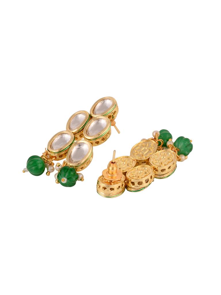 Gold Toned Double Line Kundan & Green Beaded Necklace Jewellery Set : SJNK1687