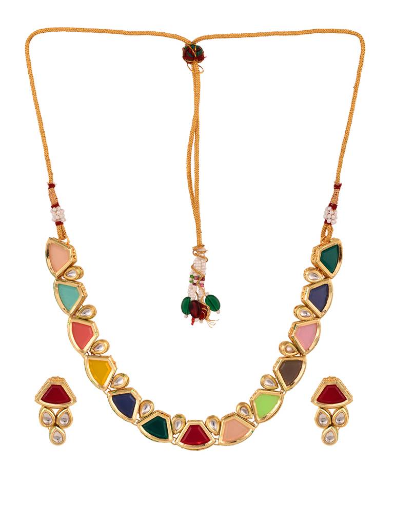 Gold Plated Multicolour Kundan Studded Modern Necklace Jewellery Set : SJNK1688