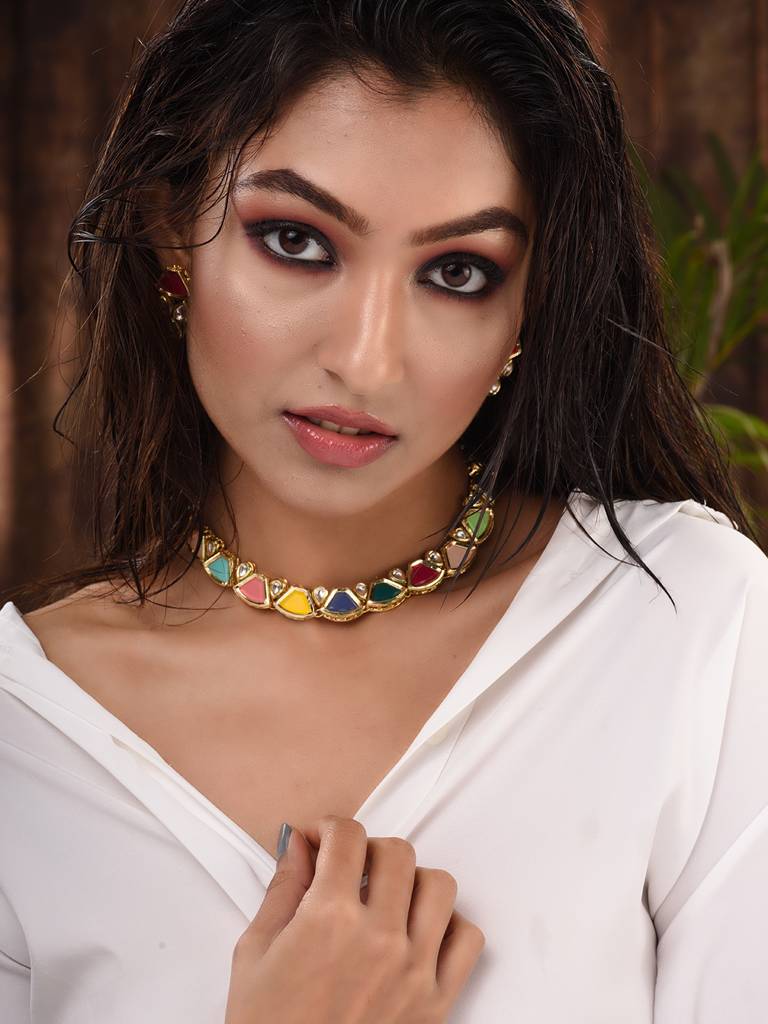 Gold Plated Multicolour Kundan Studded Modern Necklace Jewellery Set : SJNK1688