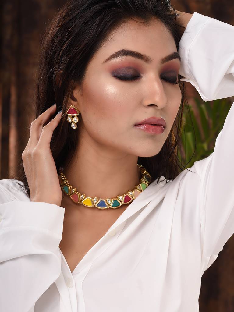 Gold Plated Multicolour Kundan Studded Modern Necklace Jewellery Set : SJNK1688