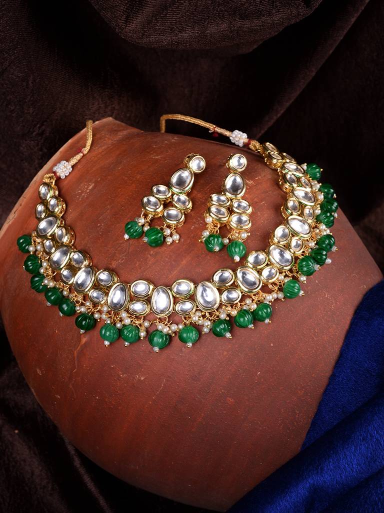 Gold Plated Green & White Kundan Studded Beaded Choker Jewellery Set : SJNK1689