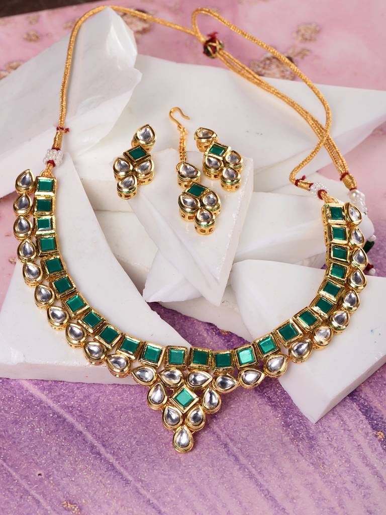 Gold Plated Green White Kundan Studded Modern Necklace Jewellery Set  Brass Gold One Size