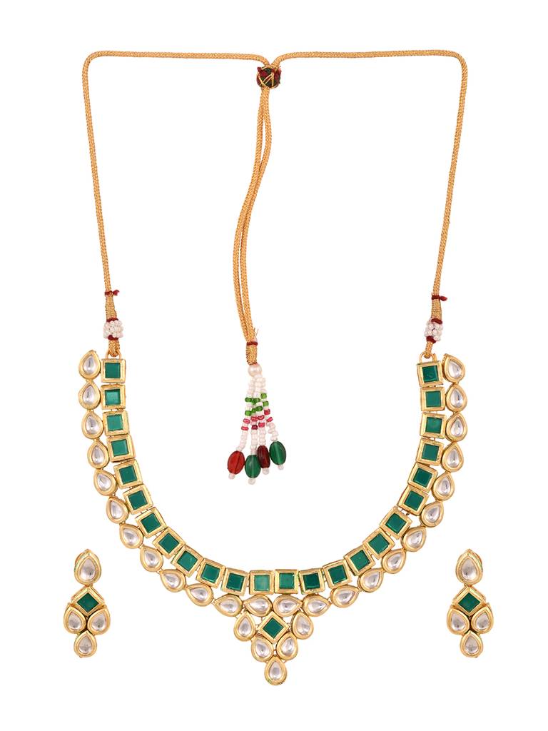 Gold Plated Green & White Kundan Studded Modern Necklace Jewellery Set : SJNK1690