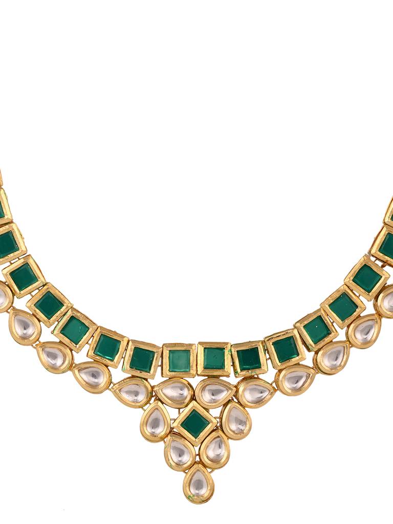 Gold Plated Green & White Kundan Studded Modern Necklace Jewellery Set : SJNK1690