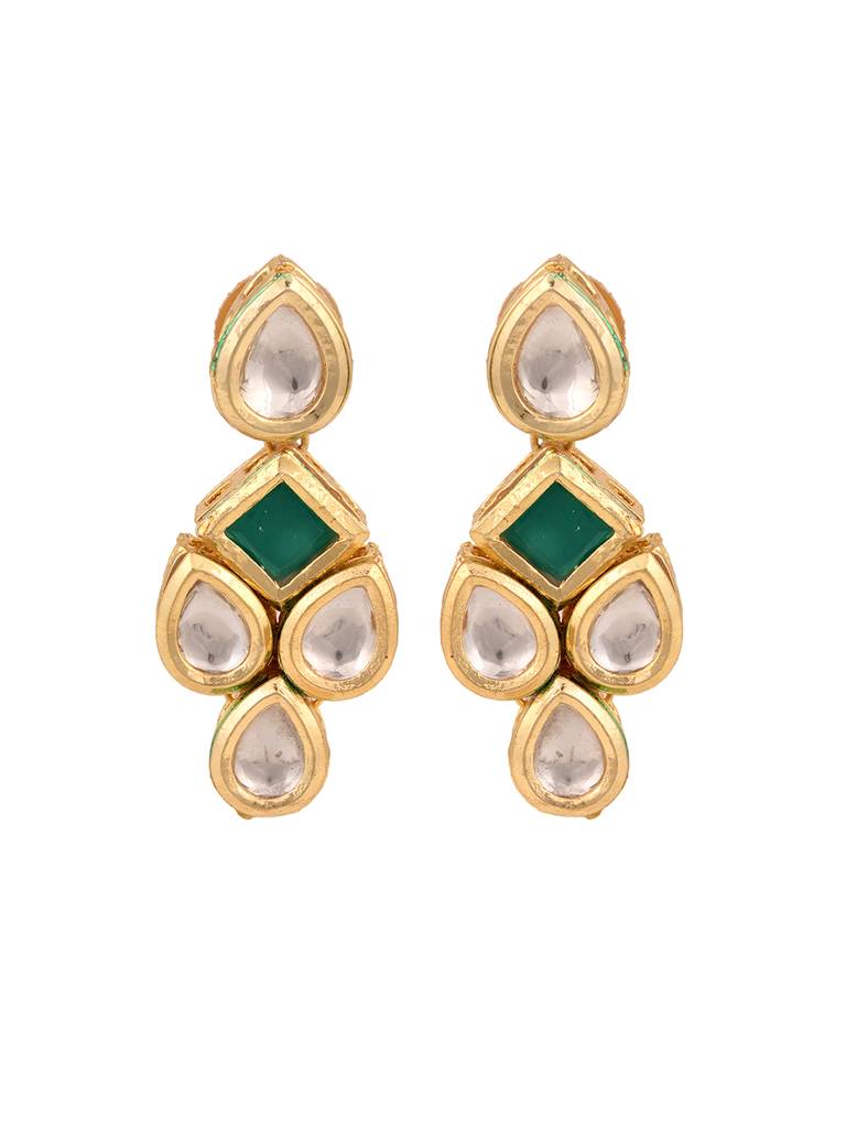 Gold Plated Green & White Kundan Studded Modern Necklace Jewellery Set : SJNK1690