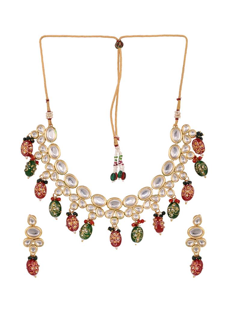 Gold Toned Kundan & Multicolour Bead Studded Handcrafted Jewellery Set : SJNK1691
