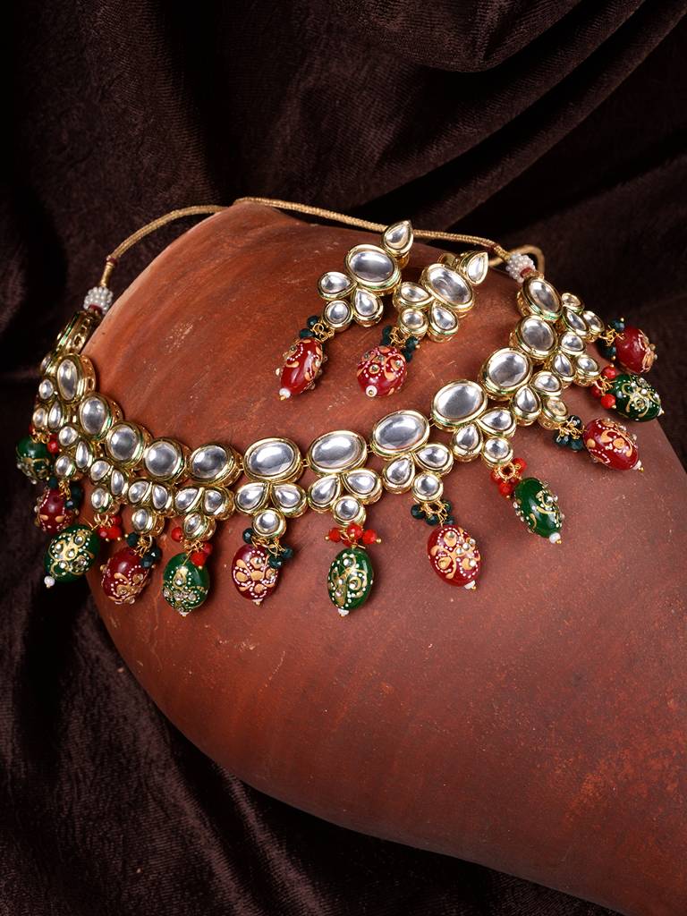 Gold Toned Kundan & Multicolour Bead Studded Handcrafted Jewellery Set : SJNK1691