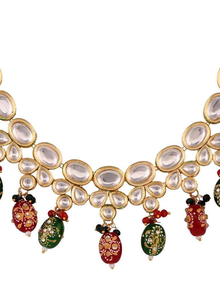 Gold Toned Kundan & Multicolour Bead Studded Handcrafted Jewellery Set : SJNK1691