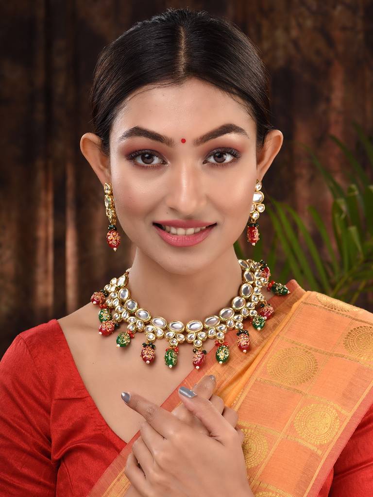Gold Toned Kundan & Multicolour Bead Studded Handcrafted Jewellery Set : SJNK1691