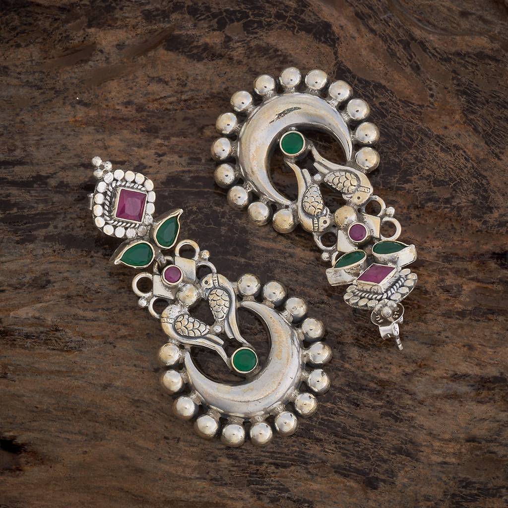 Kushal'S Fashion Jewellery Ruby-Green Silver-Plated Ethnic 92.5 Pure Silver Temple Drop Earrings - 421019 : 421019