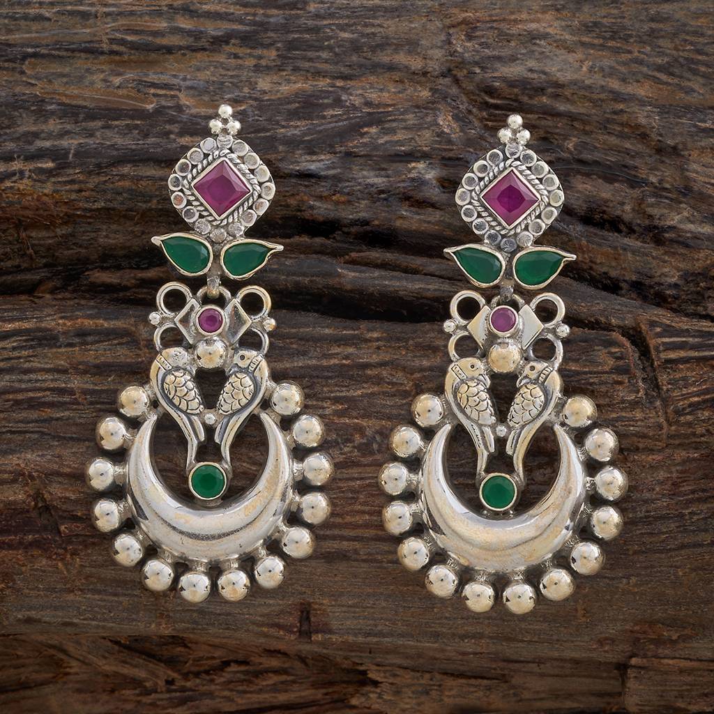 Kushal'S Fashion Jewellery Ruby-Green Silver-Plated Ethnic 92.5 Pure Silver Temple Drop Earrings - 421019 : 421019