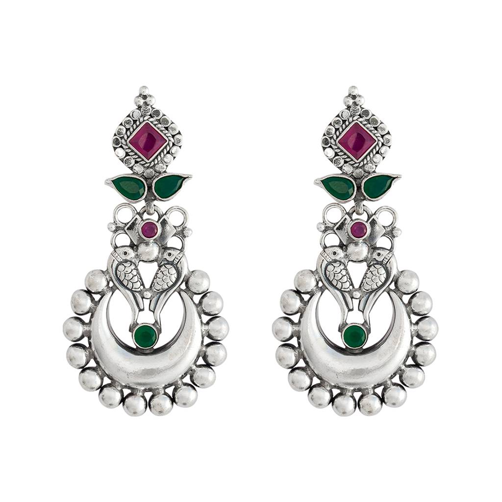 Kushal'S Fashion Jewellery Ruby-Green Silver-Plated Ethnic 92.5 Pure Silver Temple Drop Earrings - 421019 : 421019