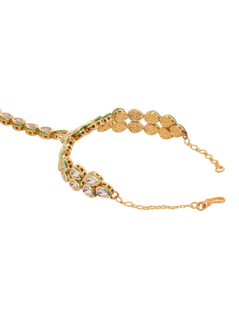 Gold Plated Kundan Studded Floral  Ring Bracelet Hathphool : SJHP1696