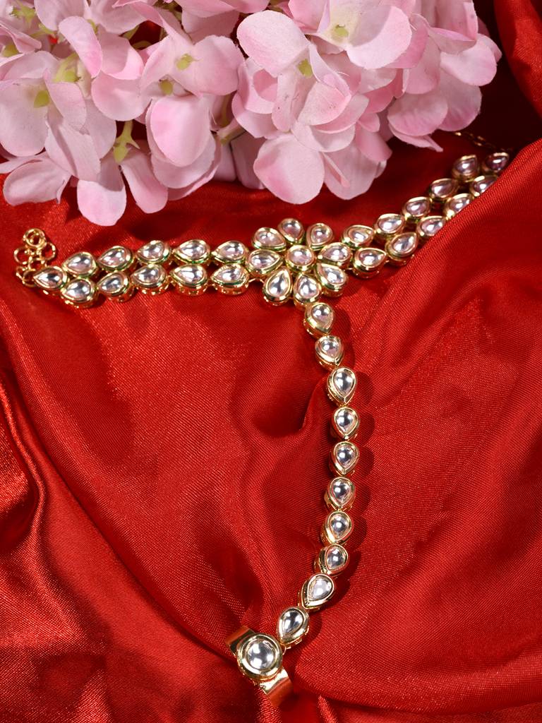 Gold Plated Kundan Studded Floral  Ring Bracelet Hathphool : SJHP1696