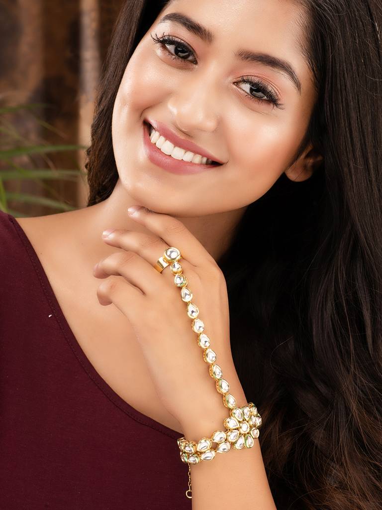 Gold Plated Kundan Studded Floral  Ring Bracelet Hathphool : SJHP1696