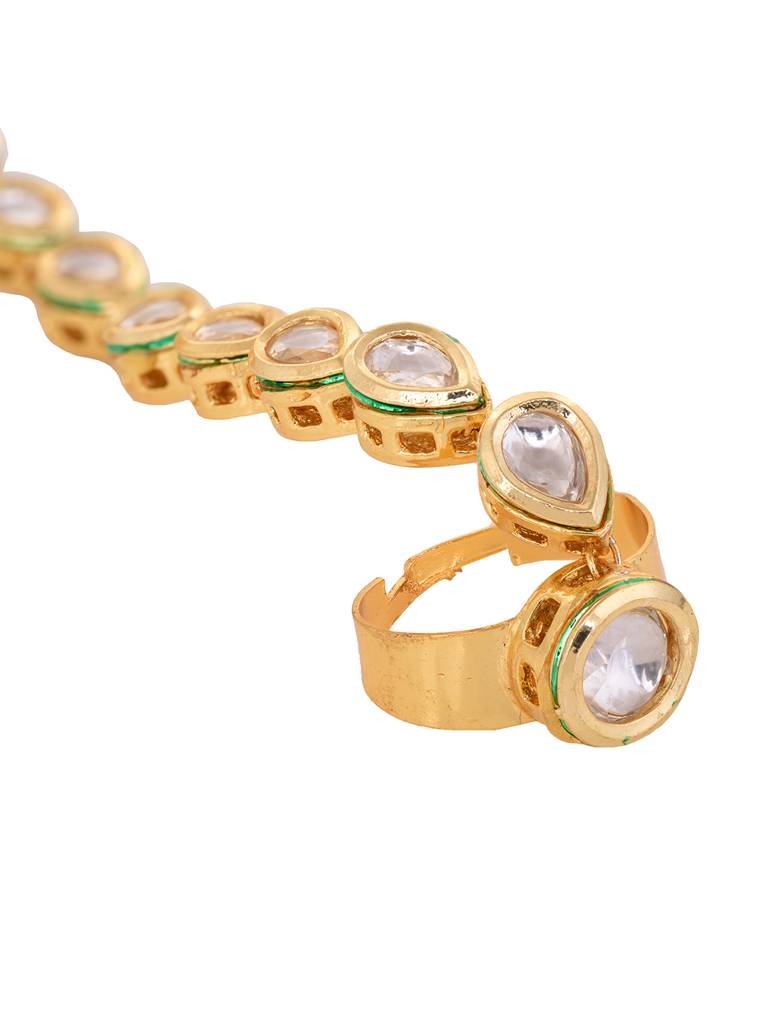 Gold Plated Kundan Studded Floral  Ring Bracelet Hathphool : SJHP1696