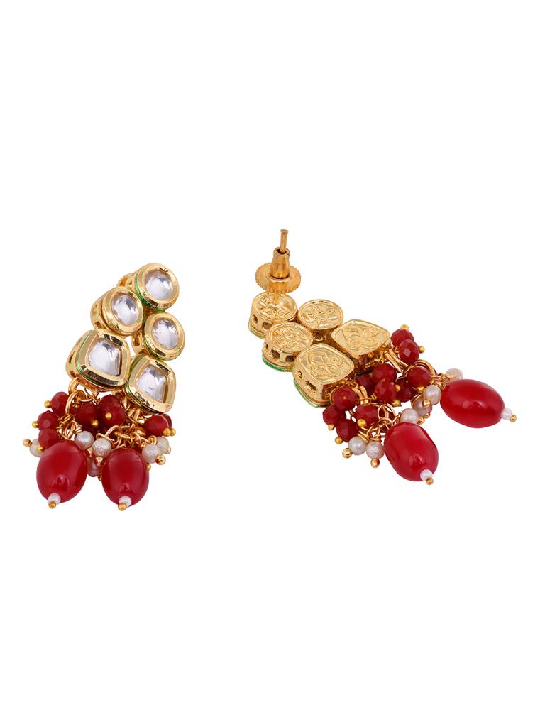 Gold Toned Kundan & Red Bead Studded Handcrafted Jewellery Set : SJNK1697