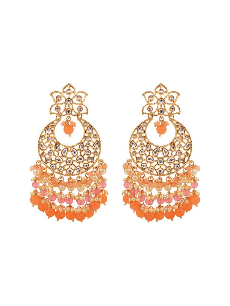 Gold Plated Orange Kundan Studded & Beadded Modern Chandballi Earrings : SJER1699