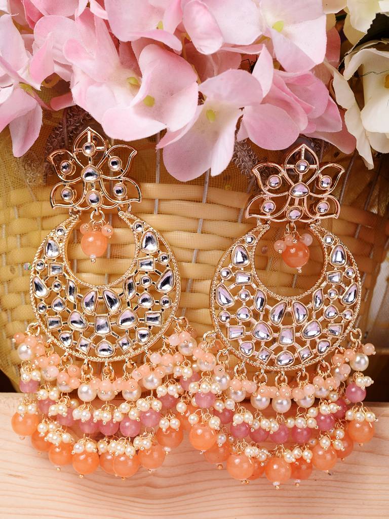 Gold Plated Orange Kundan Studded & Beadded Modern Chandballi Earrings : SJER1699