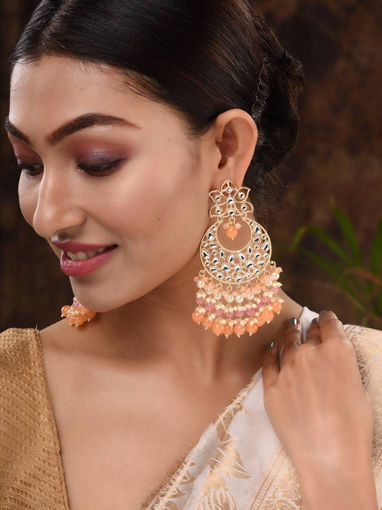 Gold Plated Orange Kundan Studded & Beadded Modern Chandballi Earrings : SJER1699