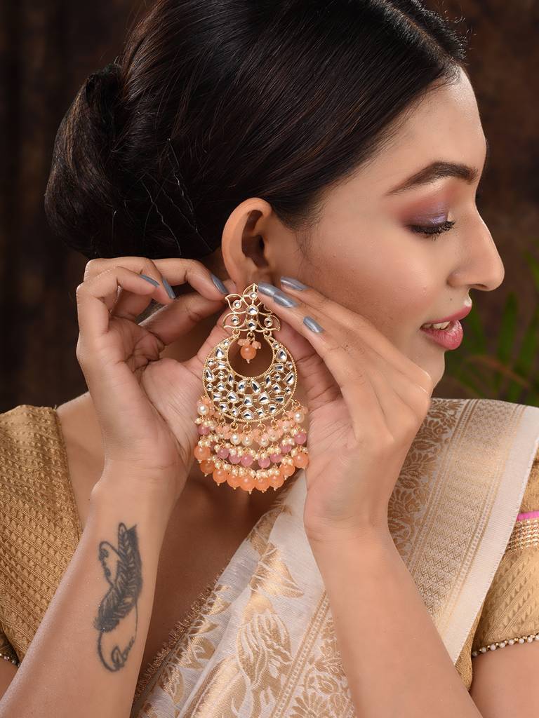 Gold Plated Orange Kundan Studded & Beadded Modern Chandballi Earrings : SJER1699